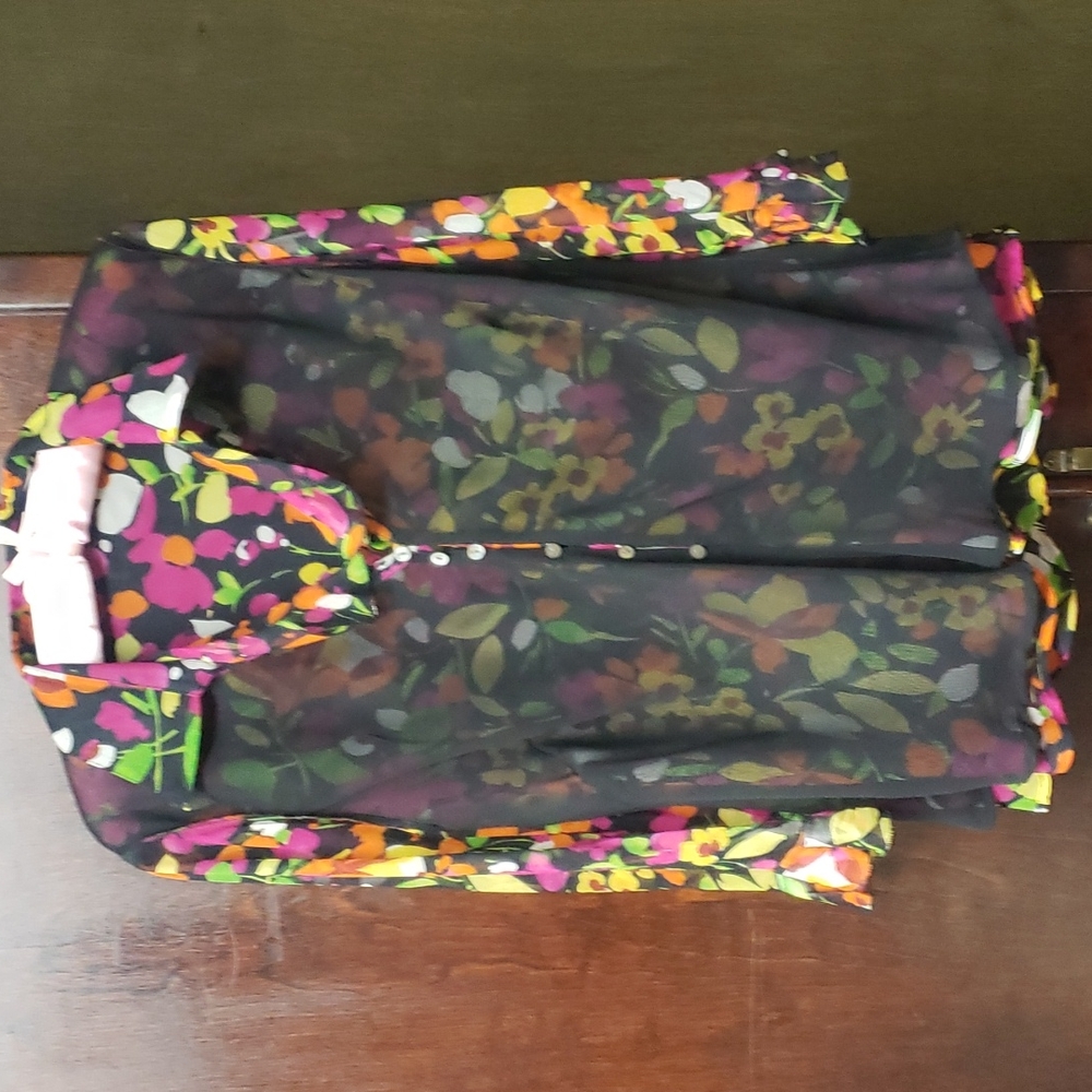 1990s 100% Silk Floral Sheer Lined Ruffled Collar 3/4 Sleeves Sz L - Picture 7 of 9